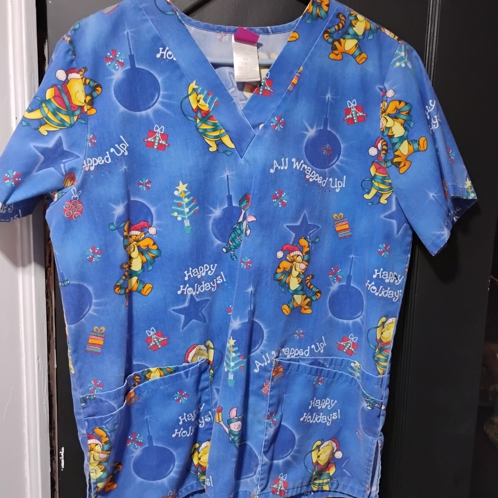 Blue Holiday Themed Women's Scrub Top